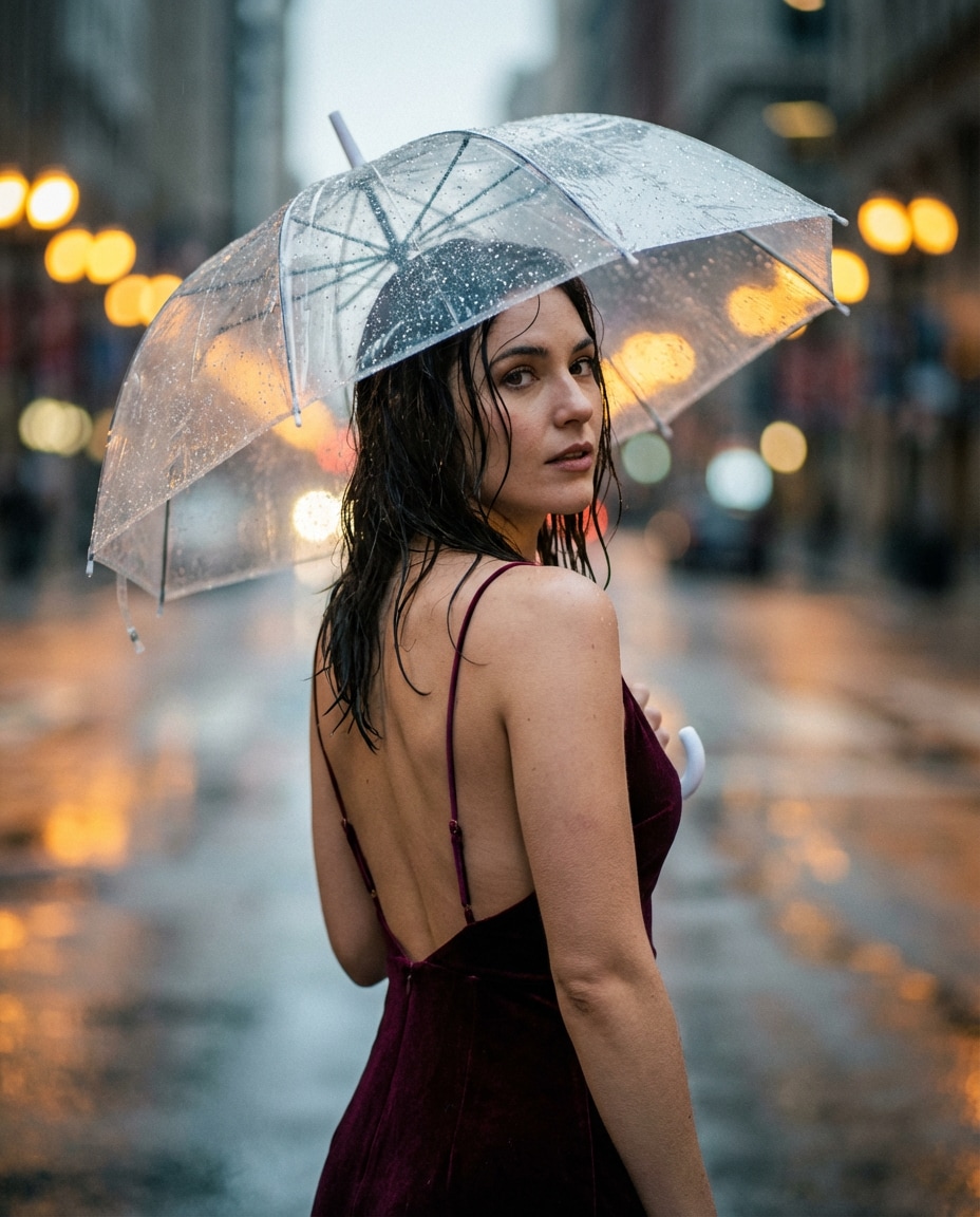 Rainy City Romance AI portrait — Gemini AI Backless Dress Prompt