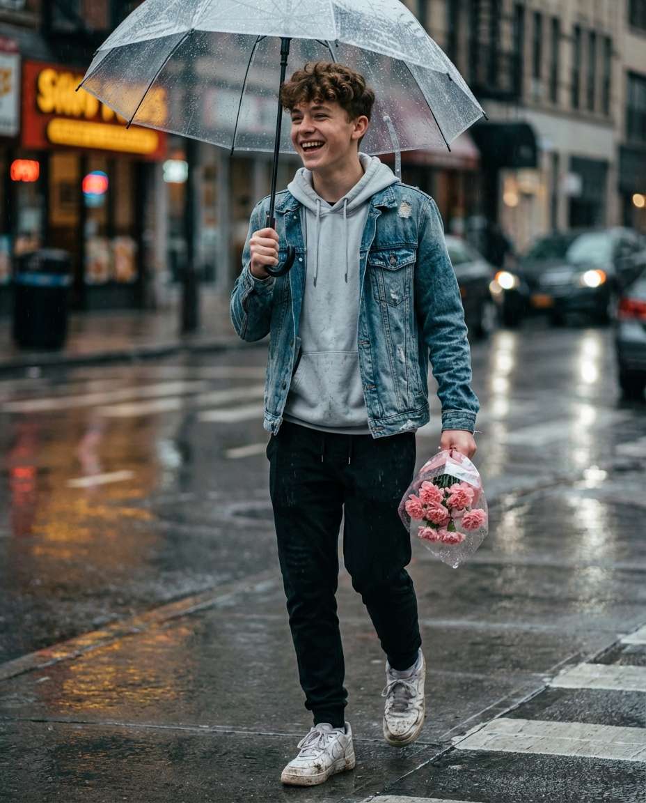 Rainy Day Umbrella AI portrait example — Gemini AI Flower Photo Prompt for Boys