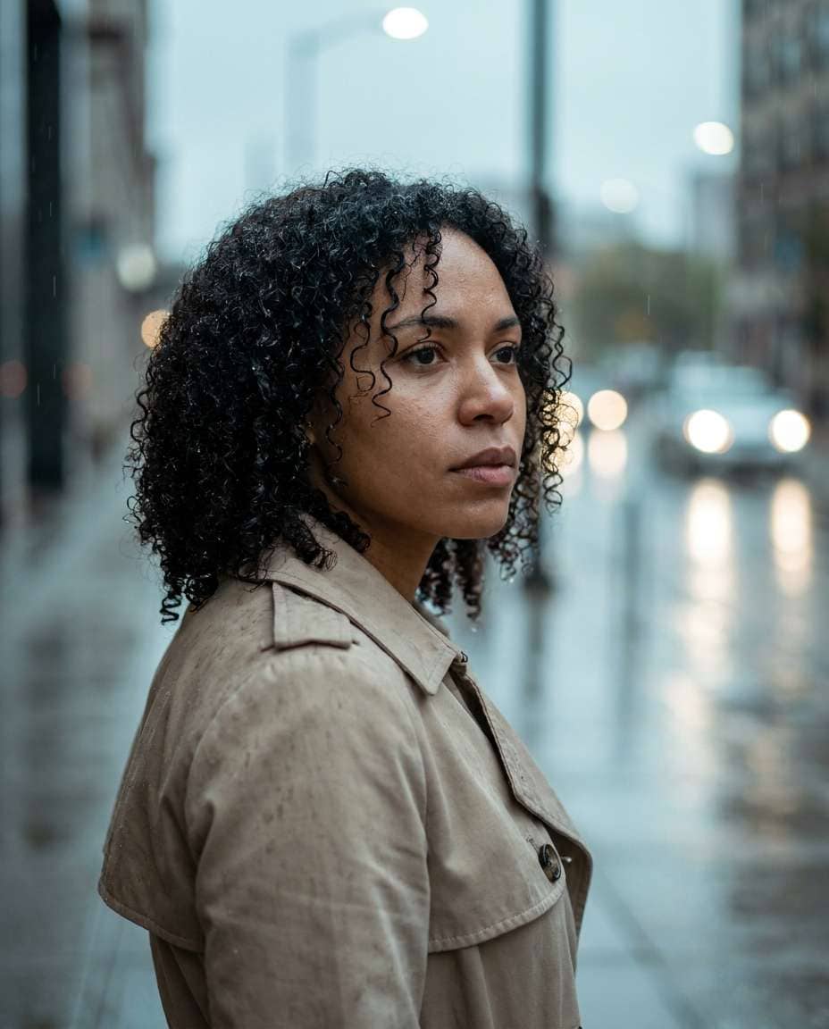 Rainy Day Wet Curls AI portrait example — Test 25 Curly Hairstyles with Gemini AI Prompt and See What Suits Your Texture