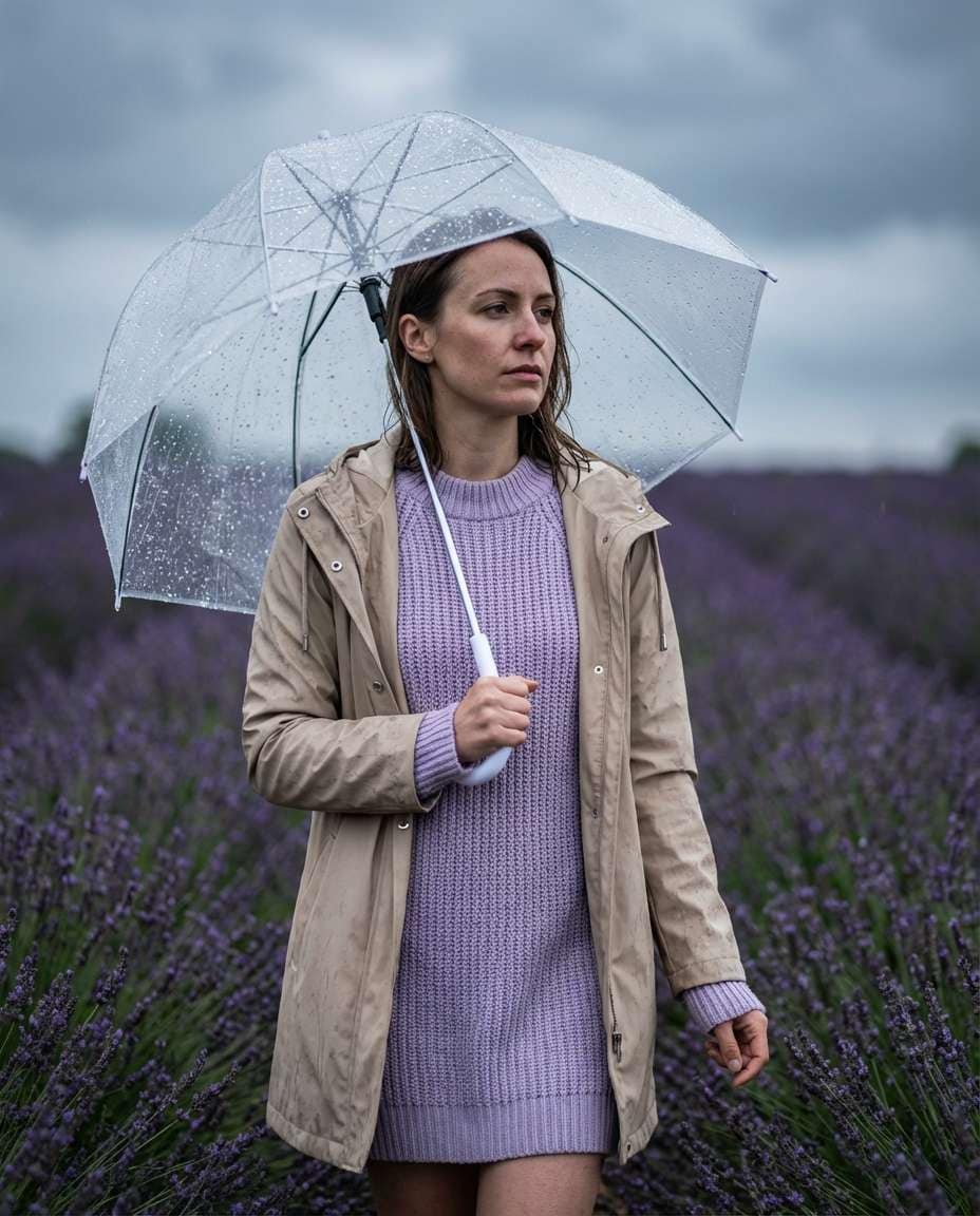 Rainy Lavender Umbrella AI portrait example — AI Lavender Field Photo