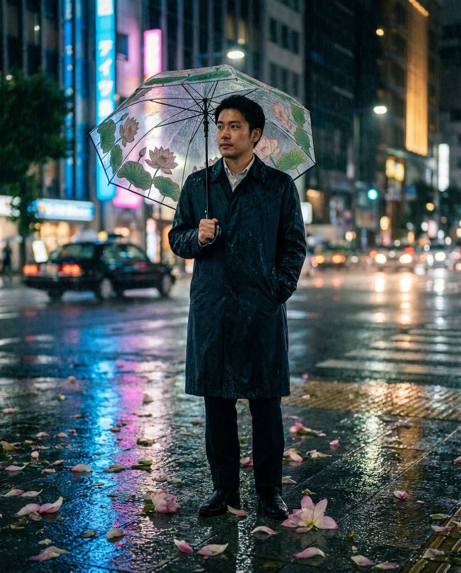 Rainy Lotus Umbrella AI portrait example — AI Lotus Flower Photo Prompt