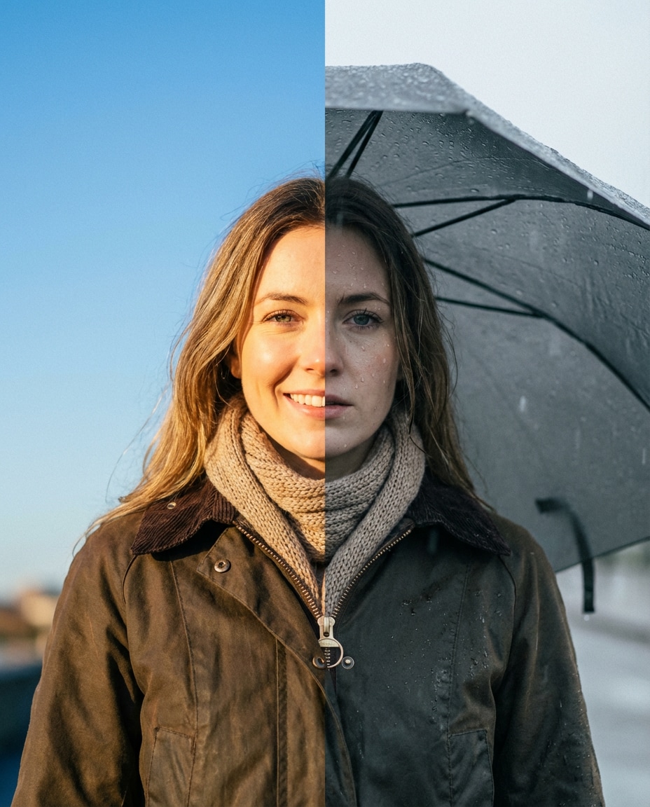 Rainy Mood vs Clear Sky AI portrait — AI Split Photo Prompt