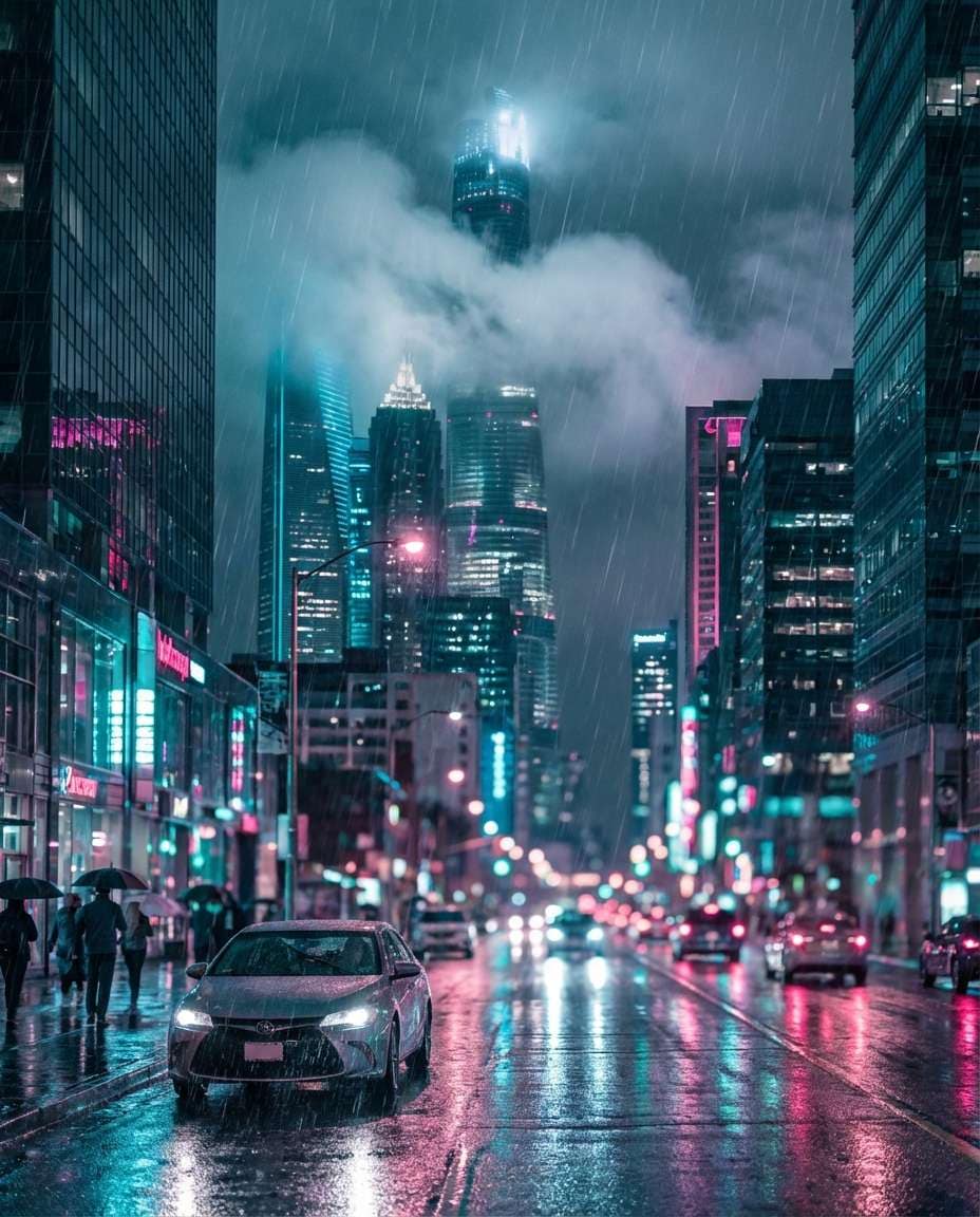 Rainy Neon Skyline AI portrait example — Gemini AI Landscape Photo Prompt
