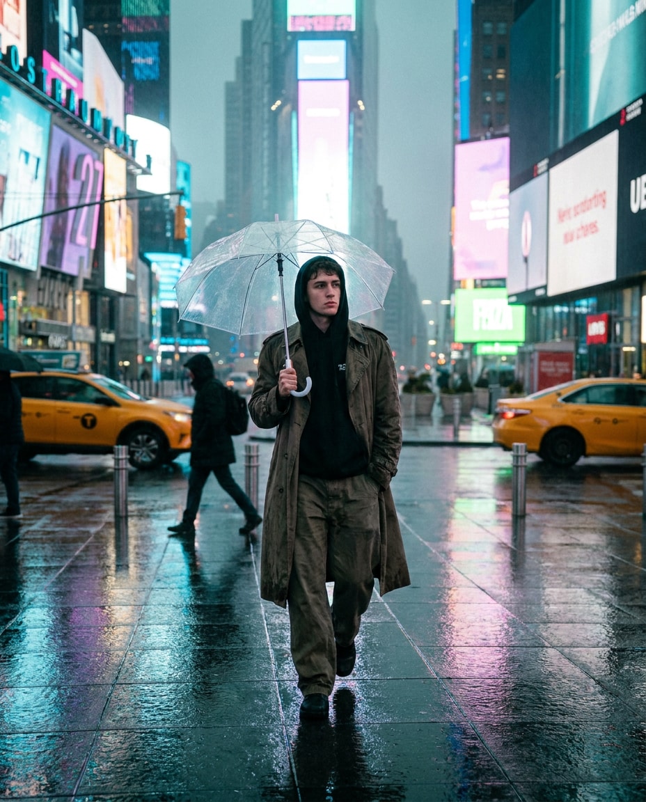 Rainy Reflection Walk AI portrait example — Gemini AI Photo Prompt Times Square