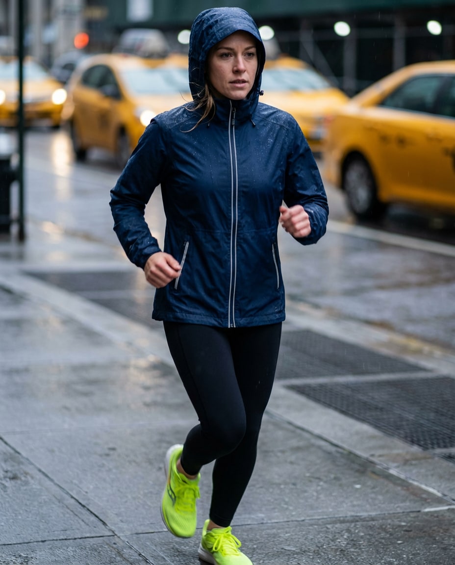 Rainy Run Layering AI portrait example — Gemini AI Prompt for Workout Clothes