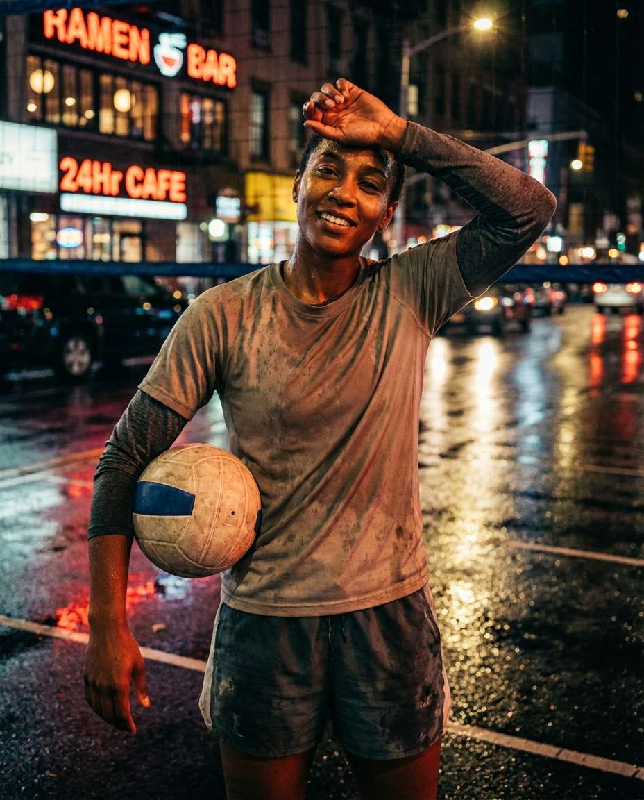 Rainy Street Court AI portrait example — Gemini AI Volleyball Player Photo Prompts