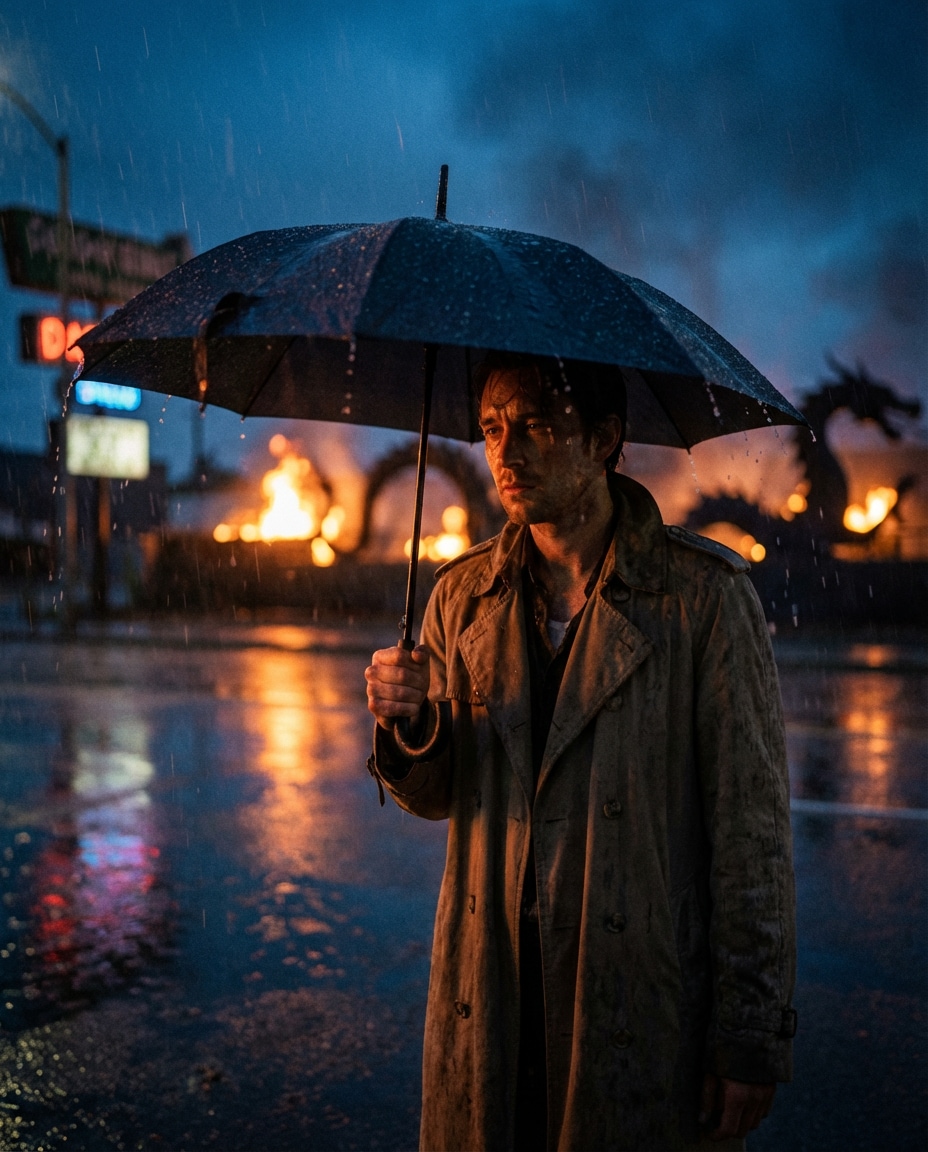 Rainy Street Ember AI portrait example — Gemini AI Dragon Photo Prompt