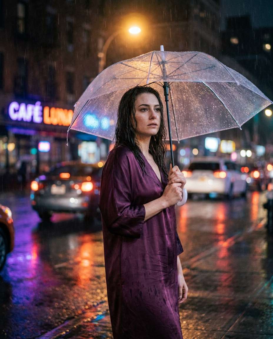 Rainy Street Reflection AI portrait — Gemini AI Silk Dress Prompt
