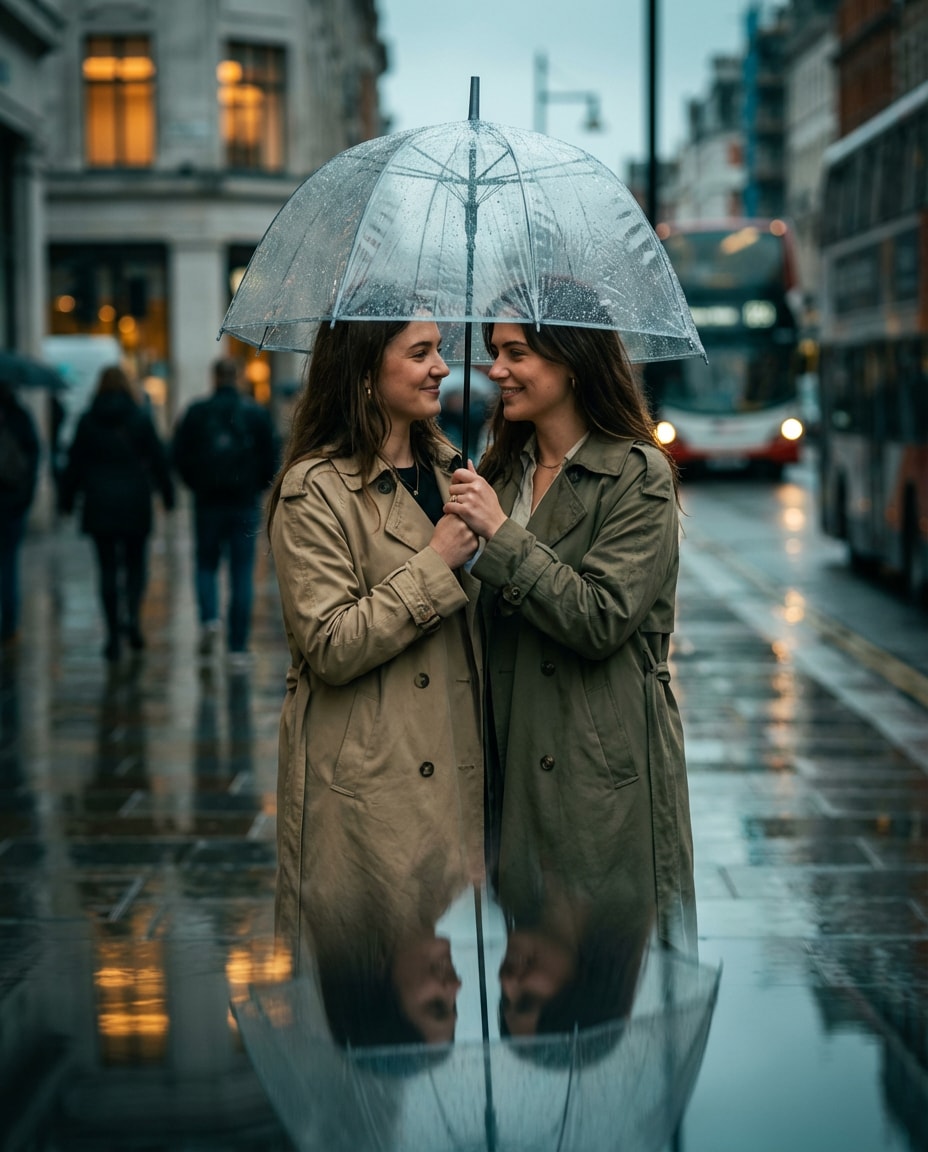 Rainy Umbrella AI portrait — Gemini Prompt for Sisters