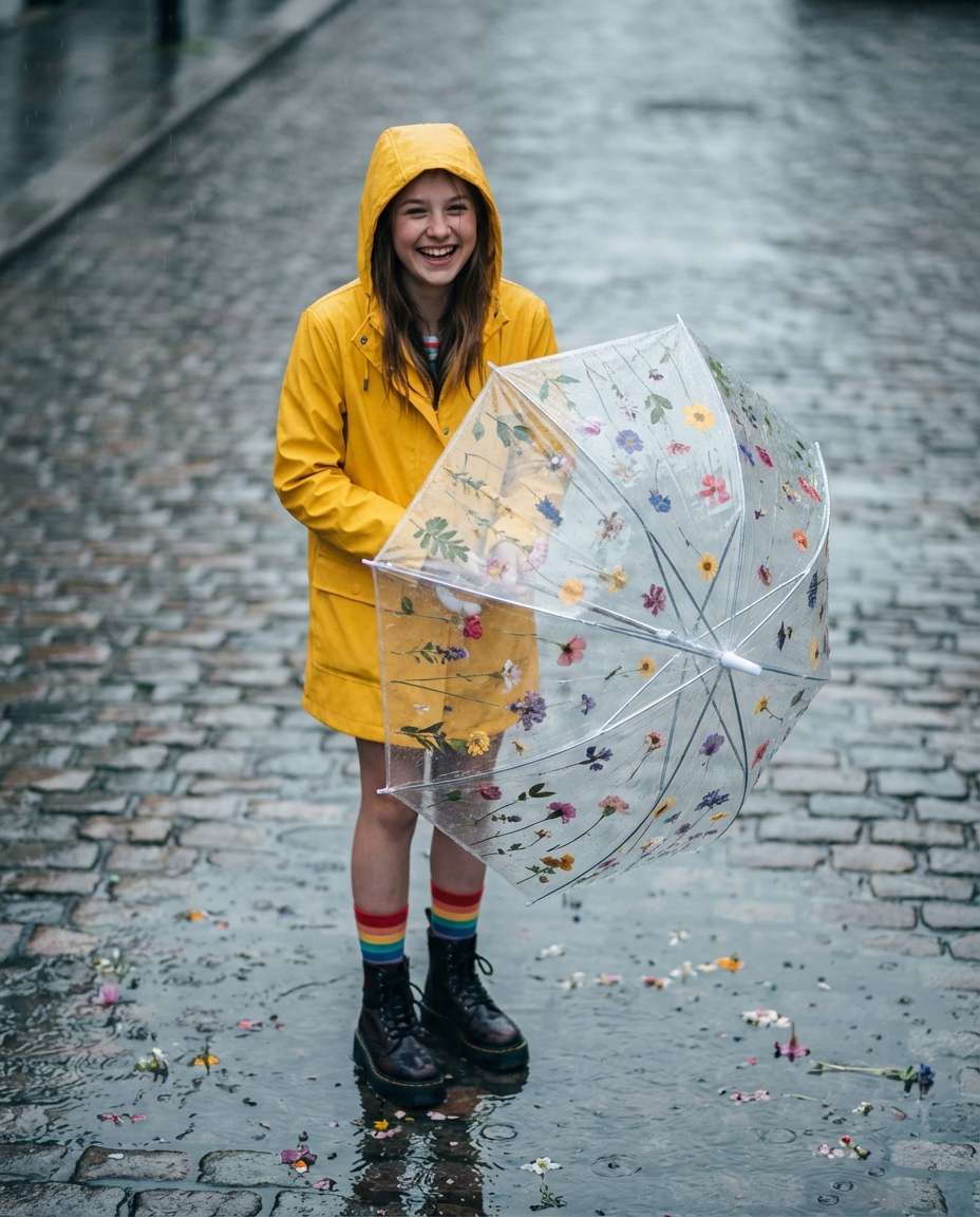Rainy Umbrella Blooms AI portrait example — AI Flower Photo Prompt for Girls