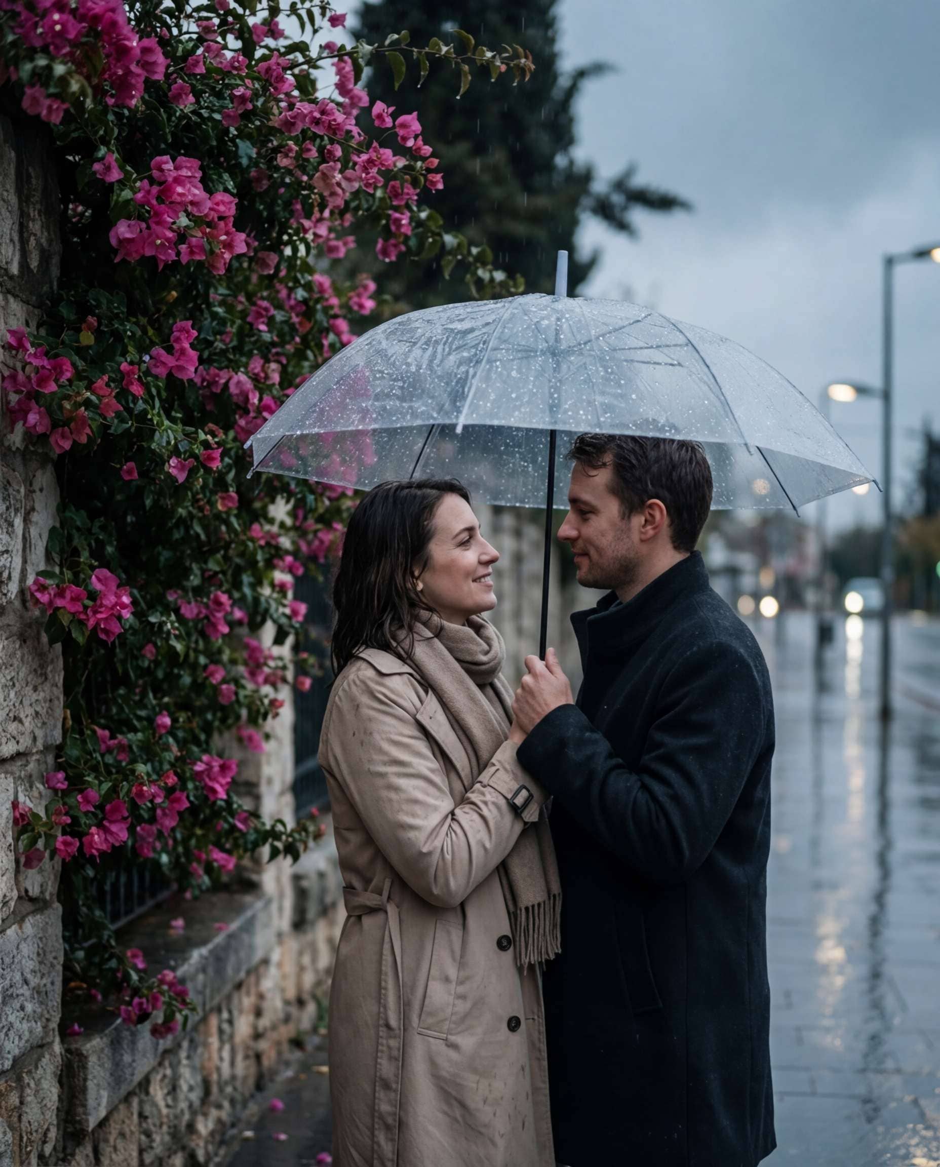 Rainy Umbrella Romance AI portrait example — AI Bougainvillea Photo
