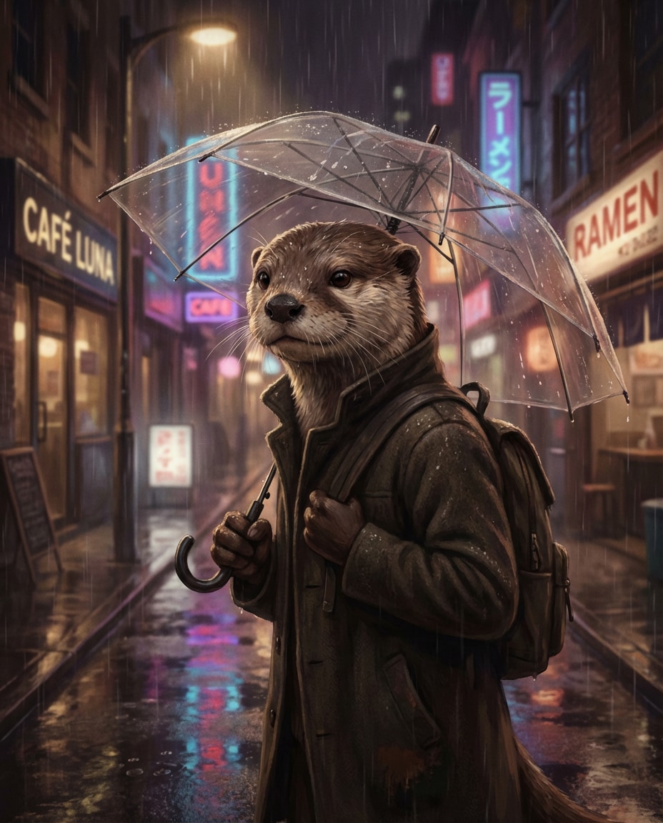 Rainy Umbrella Walk AI portrait example — Gemini AI Furry Prompt