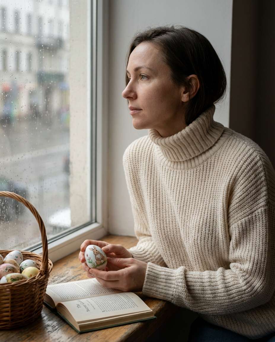 Rainy Window Eggs AI portrait example — AI Easter Egg Photography Prompt