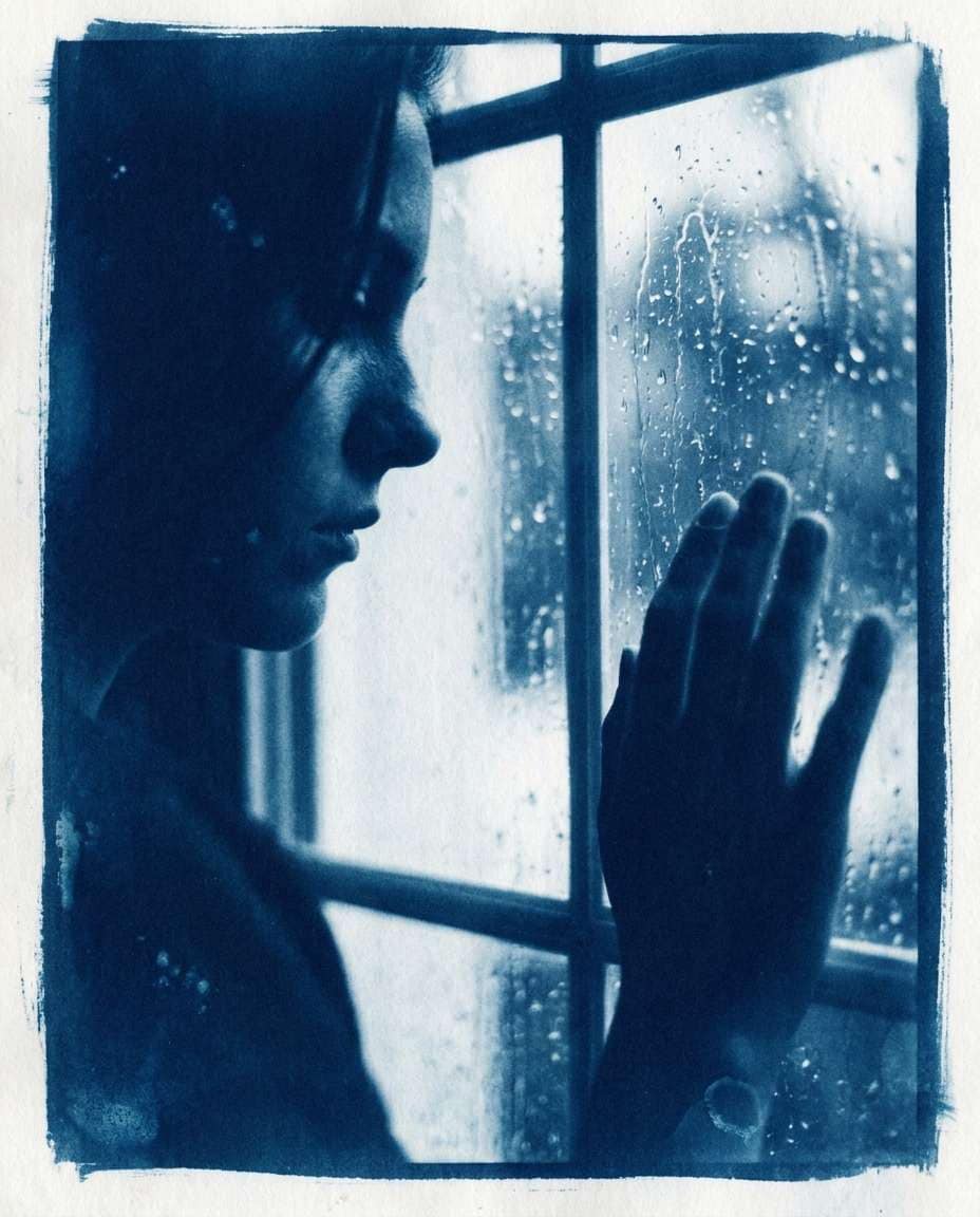Rainy Window Mood AI portrait example — Free AI Cyanotype Photo Prompts for Gemini & ChatGPT