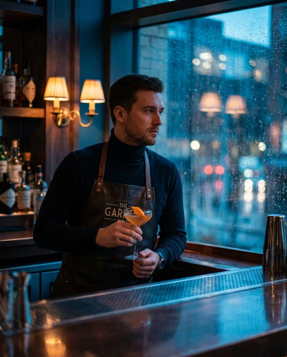 Rainy Window Mood AI portrait example — Gemini AI Bartender Photo Prompts