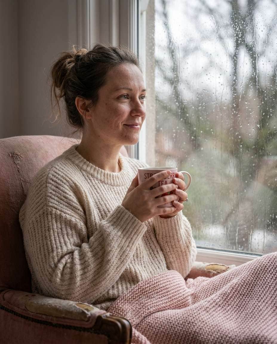 Rainy Window Strawberry Tea AI portrait — Strawberry Aesthetic Prompts for Gemini & ChatGPT