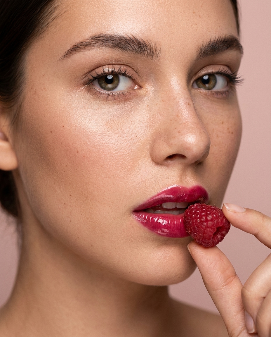 Raspberry Lip Gloss Vibe AI portrait example — Free AI Raspberry Fruit Photo Prompts for Gemini & ChatGPT