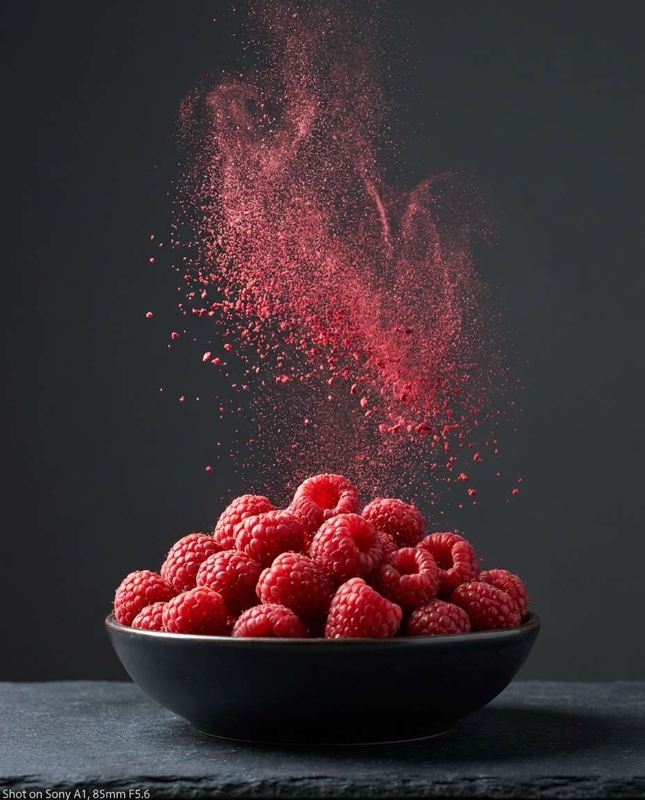 Raspberry Powder Dust AI portrait example — Free AI Raspberry Fruit Photo Prompts for Gemini & ChatGPT