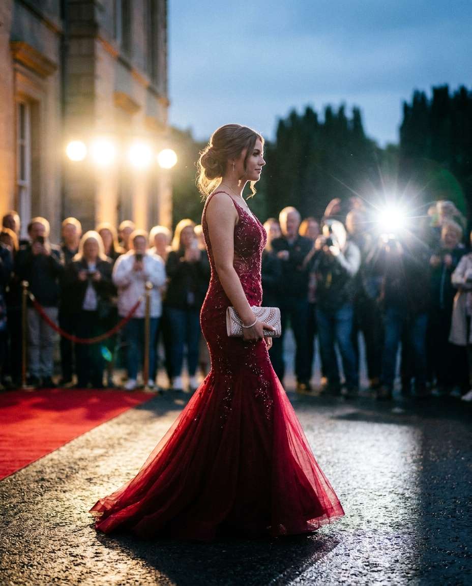 Red Carpet Entrance AI portrait — Gemini AI Prom Dress Prompt
