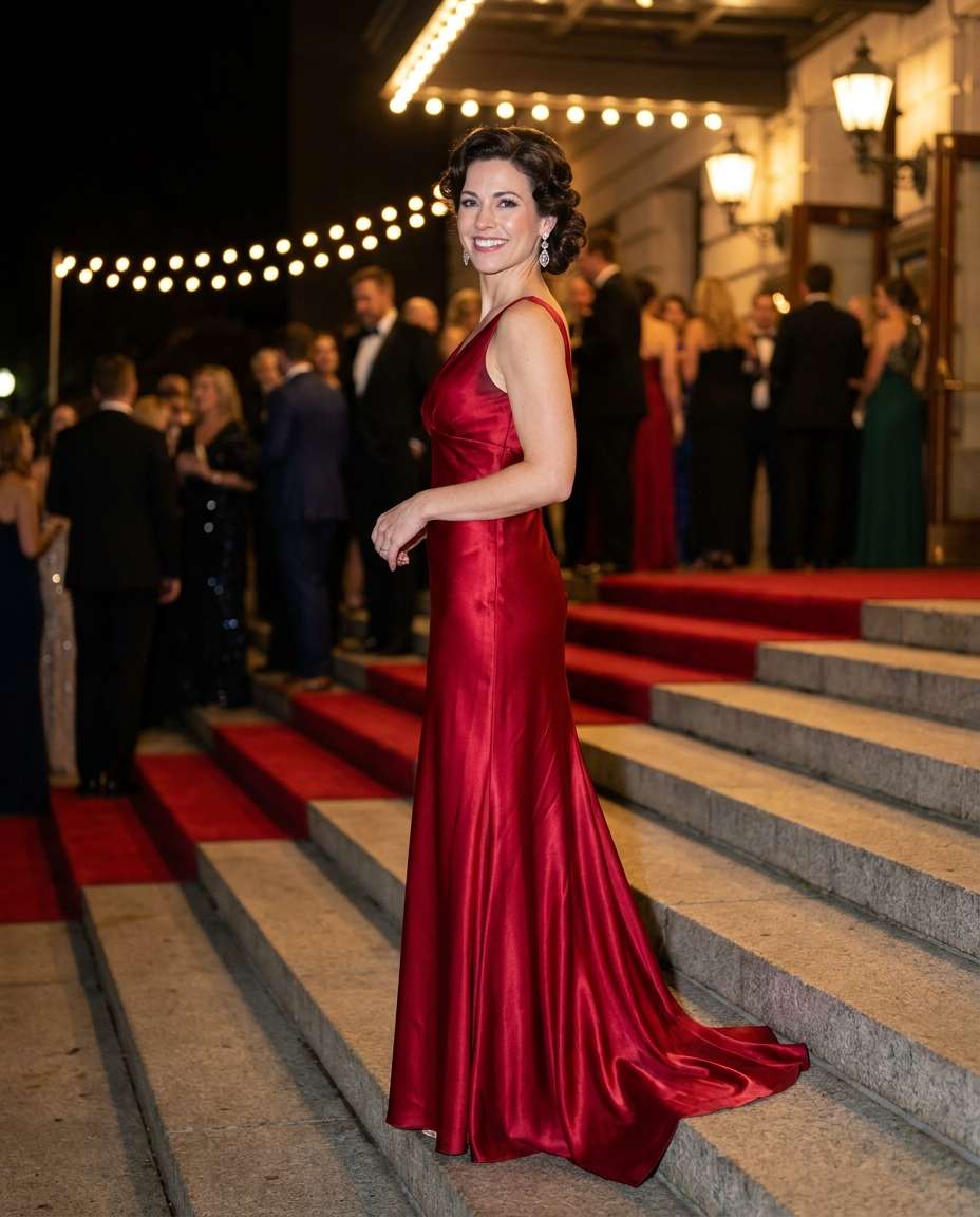 Red Carpet Steps AI portrait — Gemini AI Silk Dress Prompt