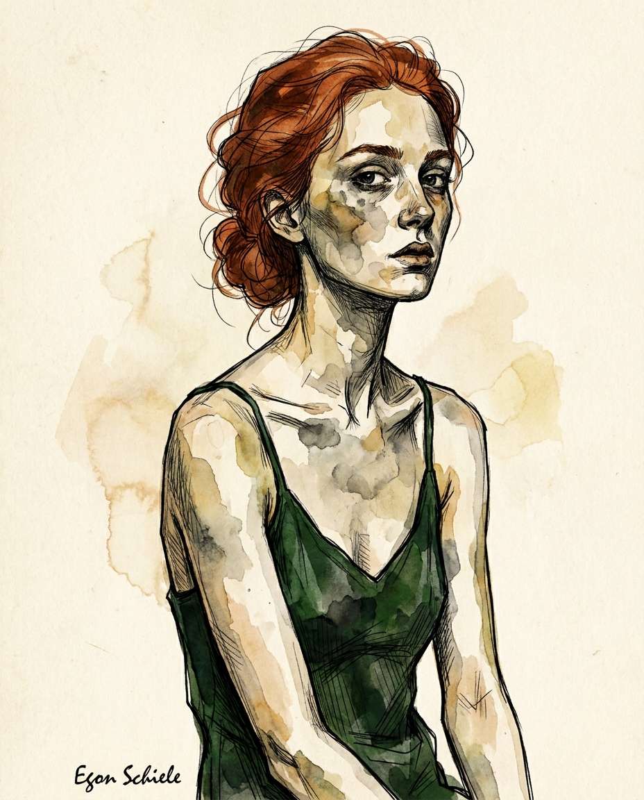 Red Hair, Green Dress AI portrait example — Gemini & ChatGPT AI Egon Schiele Art Prompts
