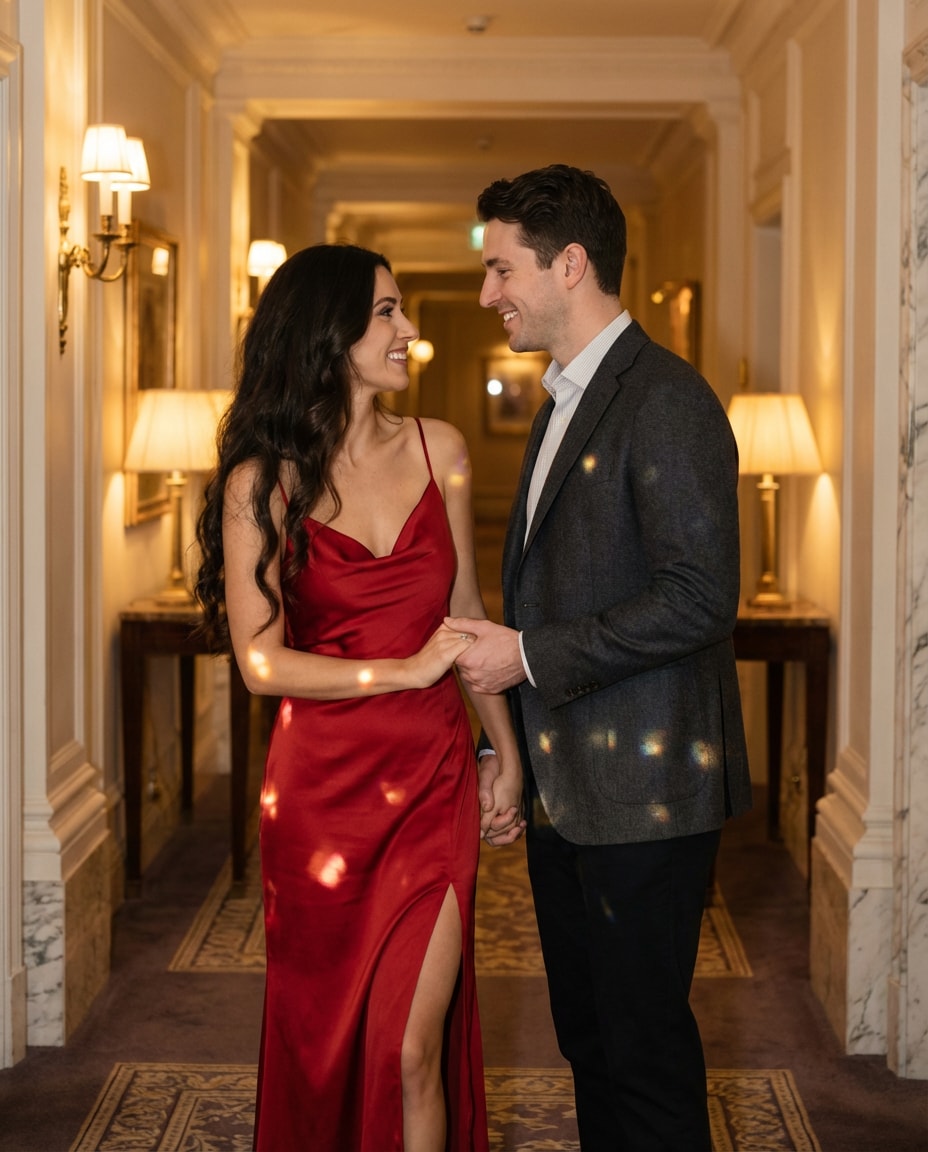 Red Satin Spotlight AI portrait — Gemini AI Hot Dress Couple Prompt