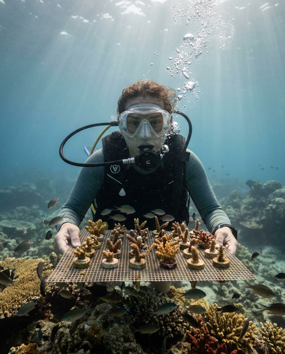 Reef Conservation Diver AI portrait example — Gemini AI Underwater Prompt