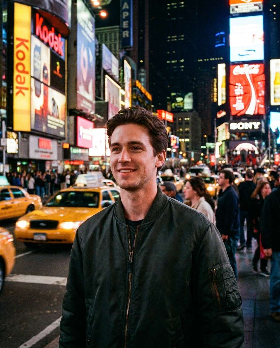 Retro 90s Film Look AI portrait example — Gemini AI Photo Prompt Times Square
