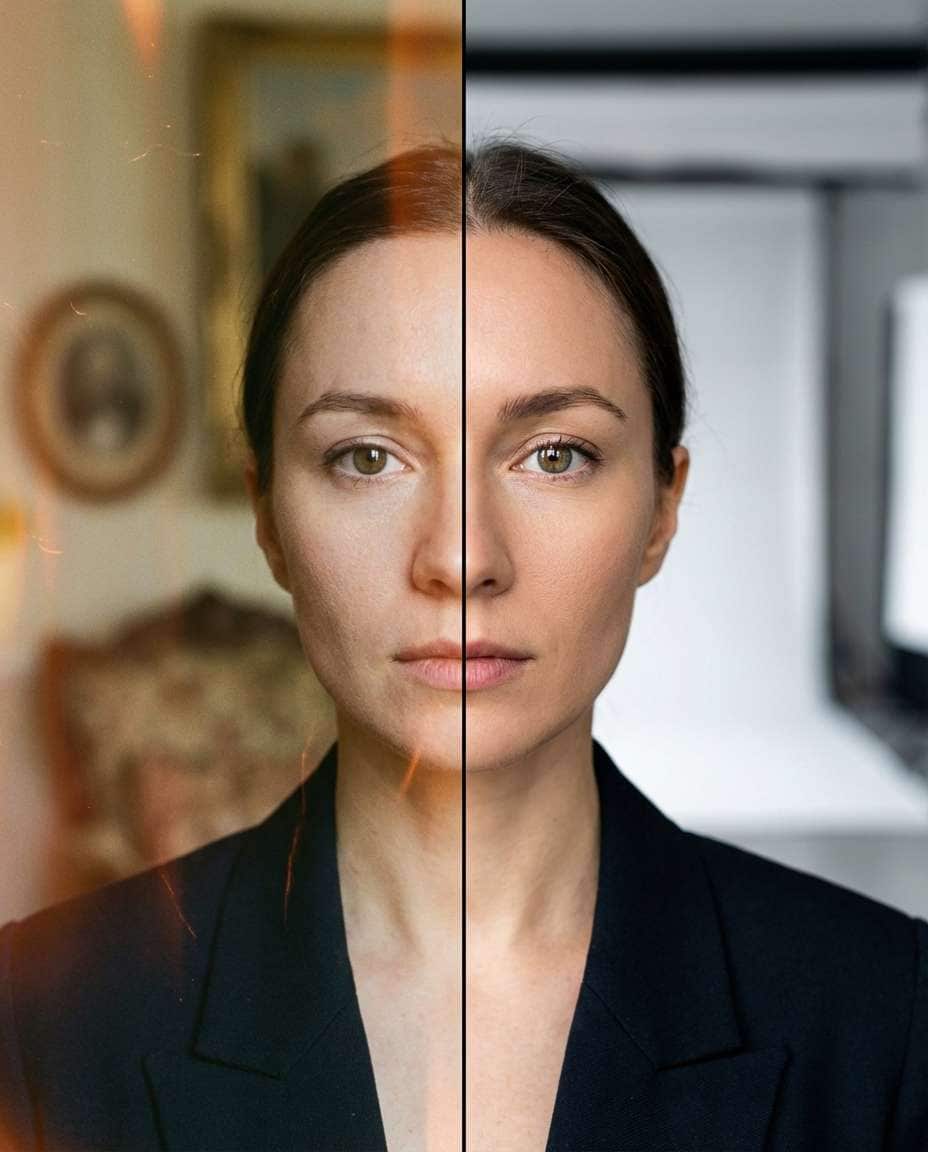 Retro Film vs Modern Digital AI portrait — AI Split Photo Prompt