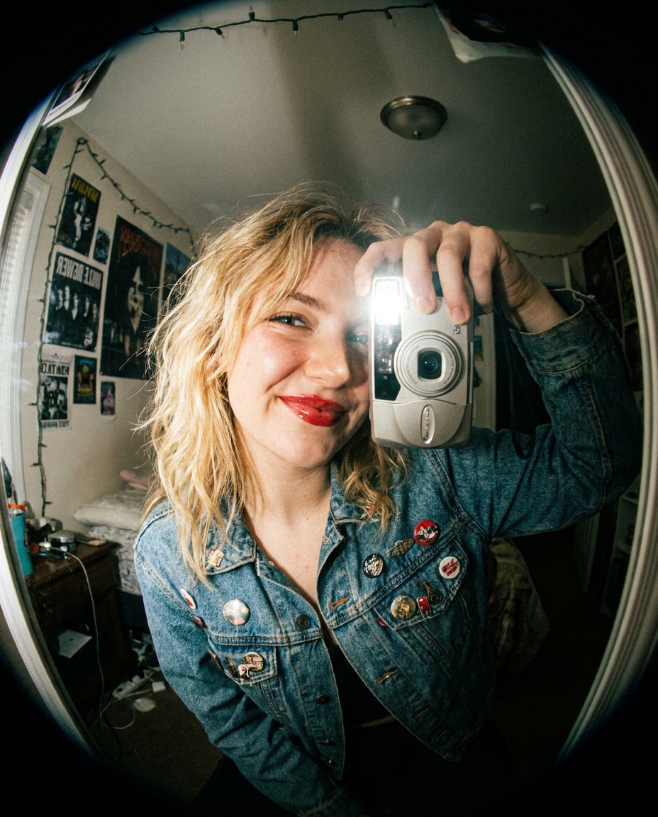 Retro Flash Selfie AI portrait — Free Copy & Paste