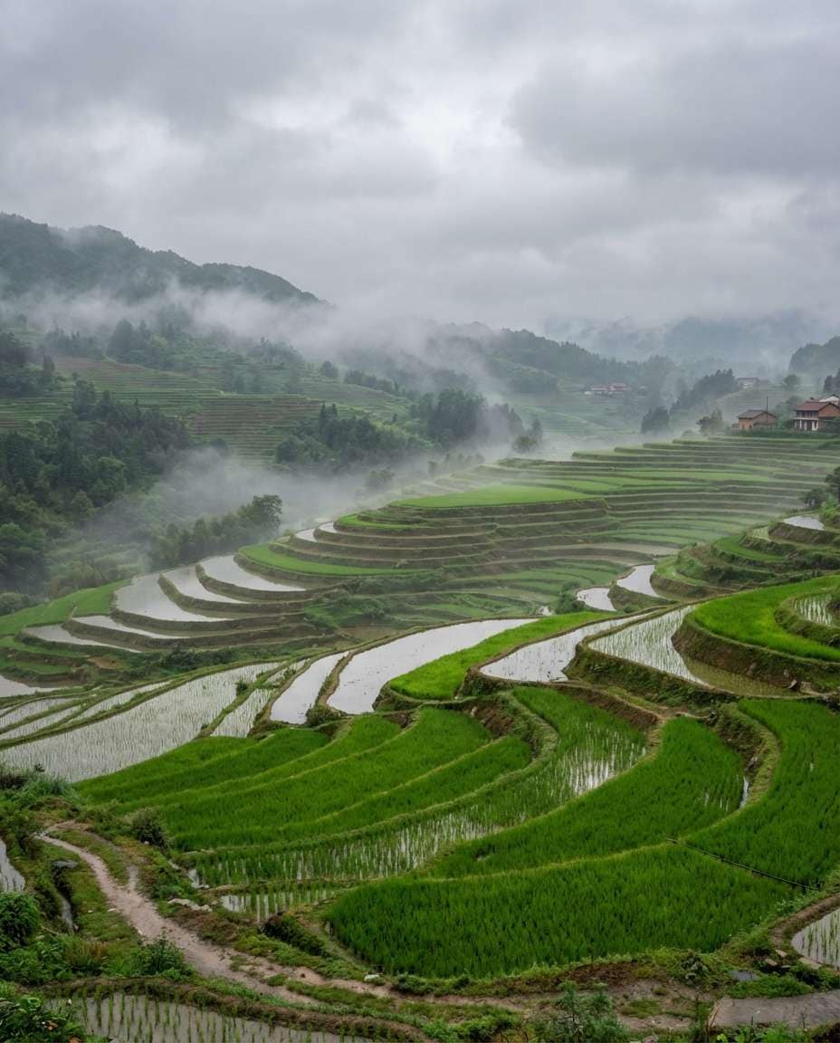 Rice Terrace Mist AI portrait example — Gemini AI Landscape Photo Prompt
