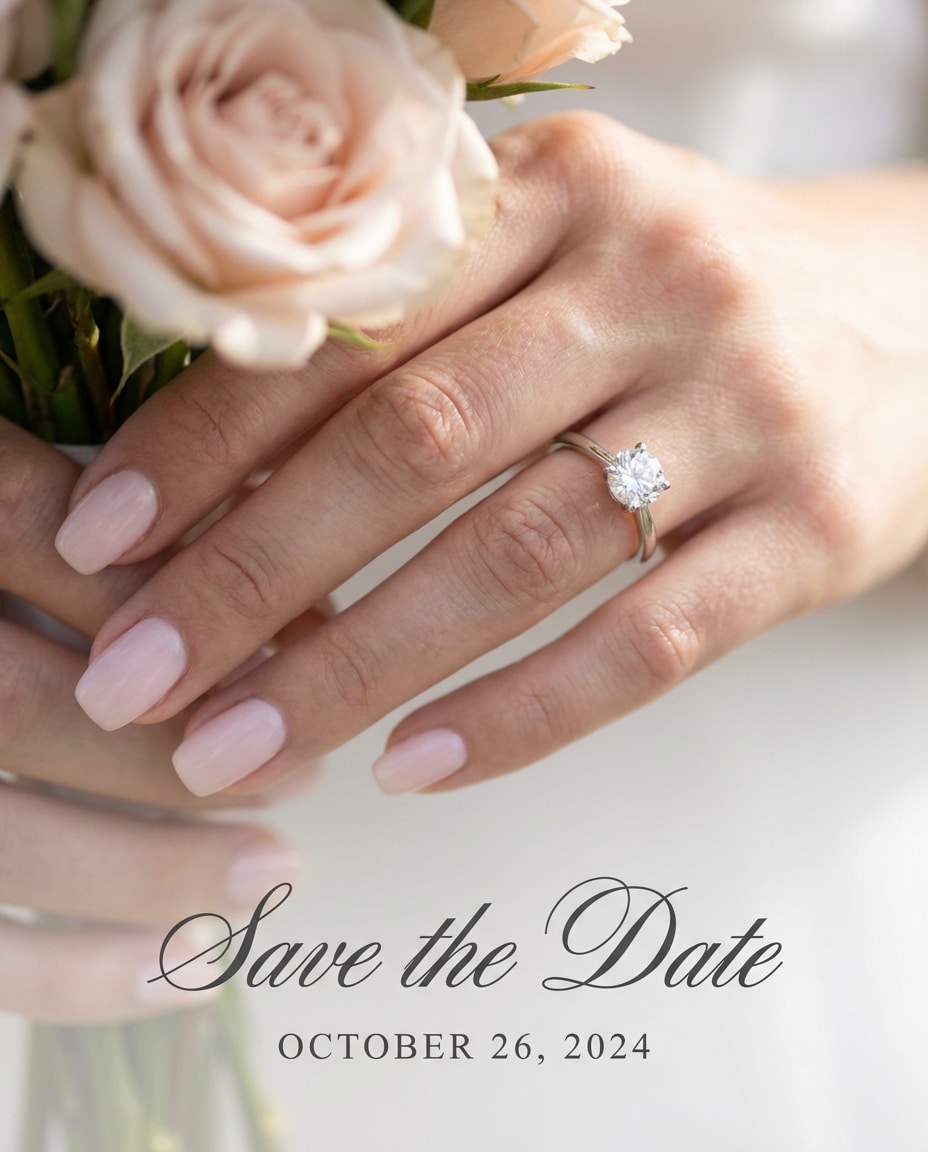Ring Close-Up Hands AI portrait — Gemini AI Save The Date Prompt