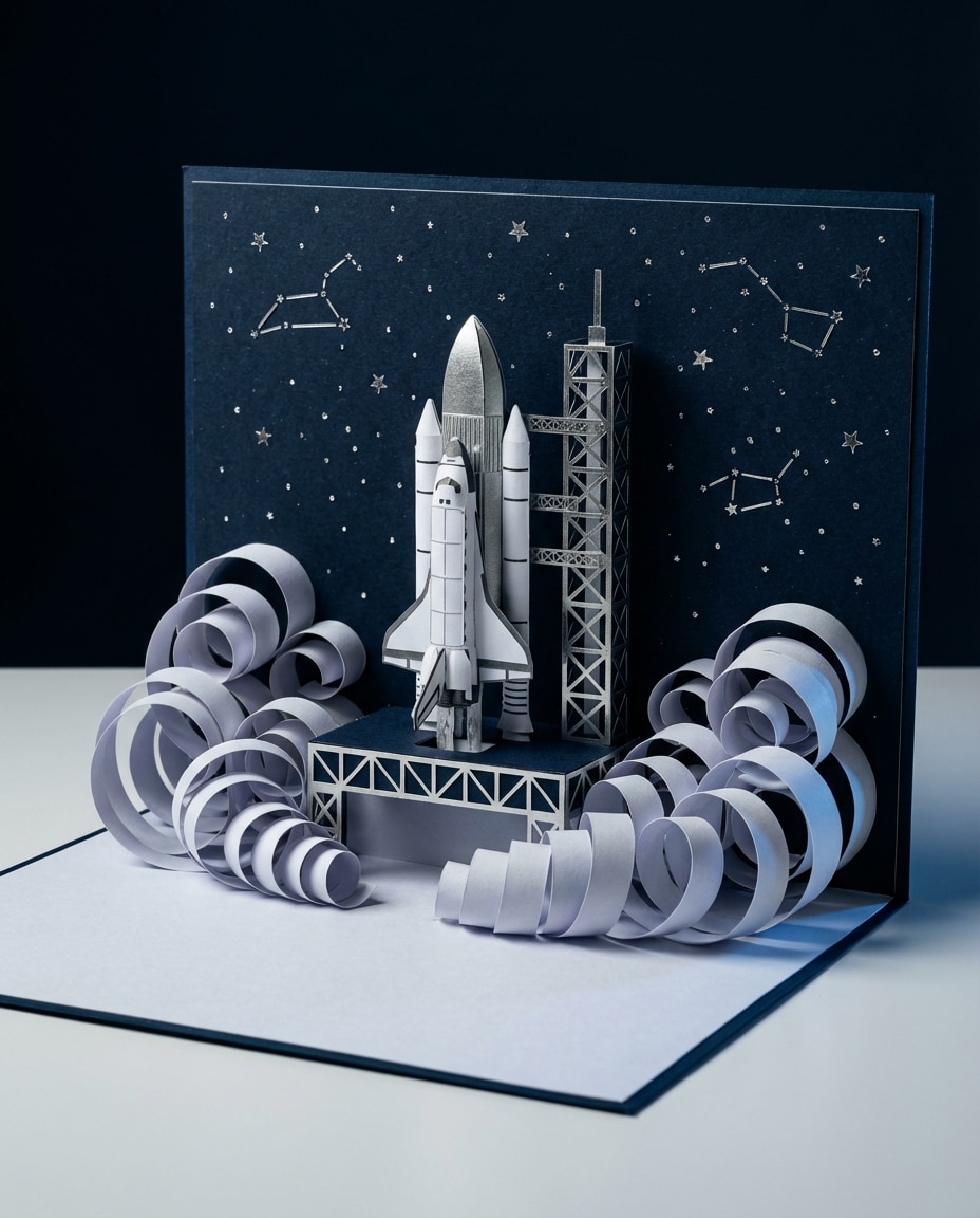 Rocket Launch Scene AI portrait example — AI 3D Pop-up Card Prompt