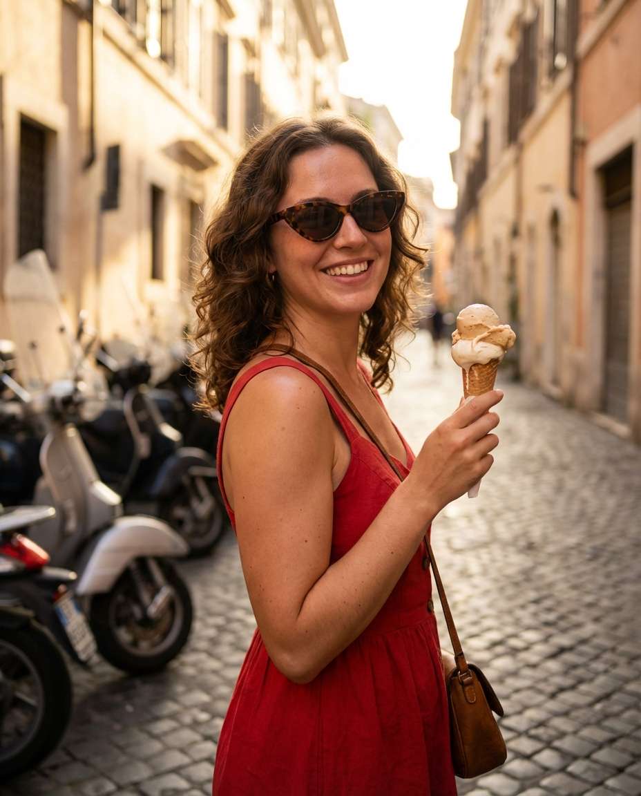 Rome Gelato Moment AI portrait example — AI Travel Photography Prompt