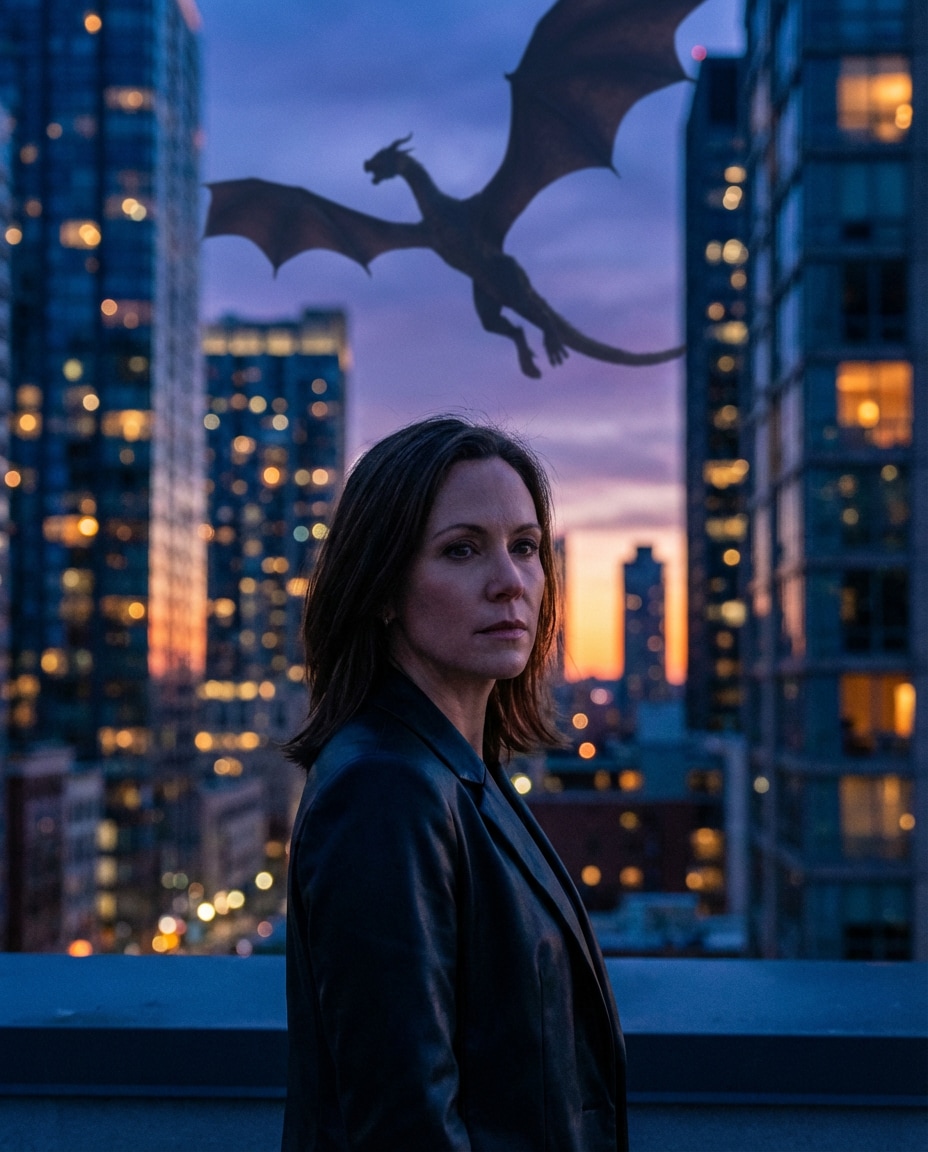 Rooftop City Dragon AI portrait example — Gemini AI Dragon Photo Prompt