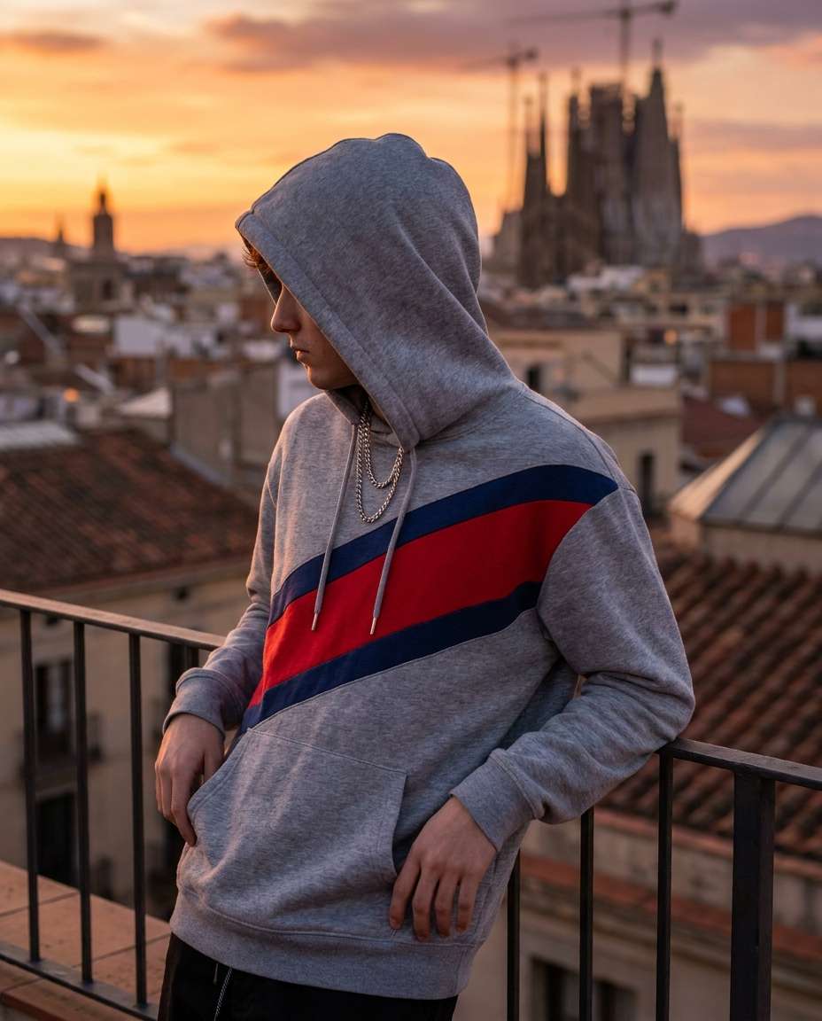 Rooftop City View AI portrait — Gemini AI Barcelona Hoodie Prompt
