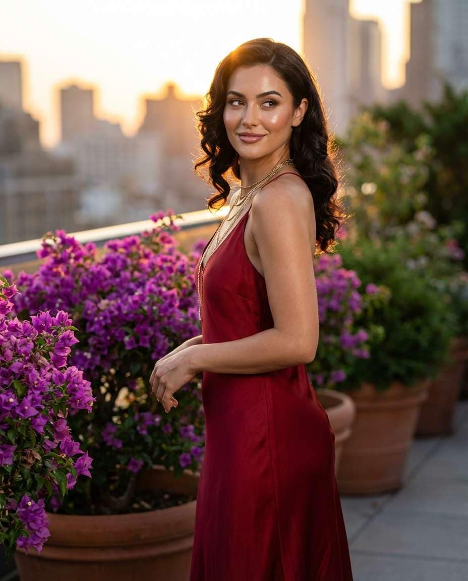 Rooftop Sunset Dress AI portrait example — AI Bougainvillea Photo