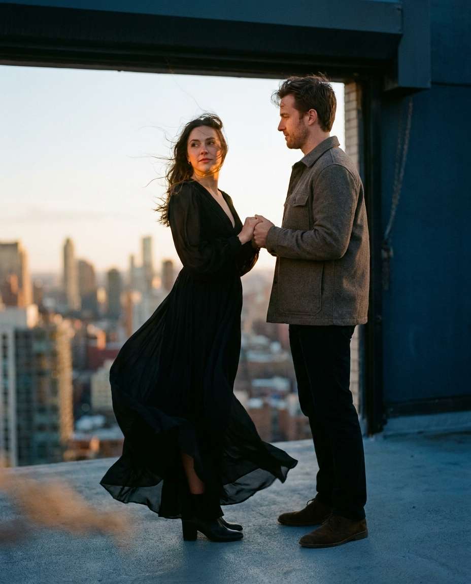 Rooftop Wind Drama AI portrait — Gemini AI Hot Dress Couple Prompt