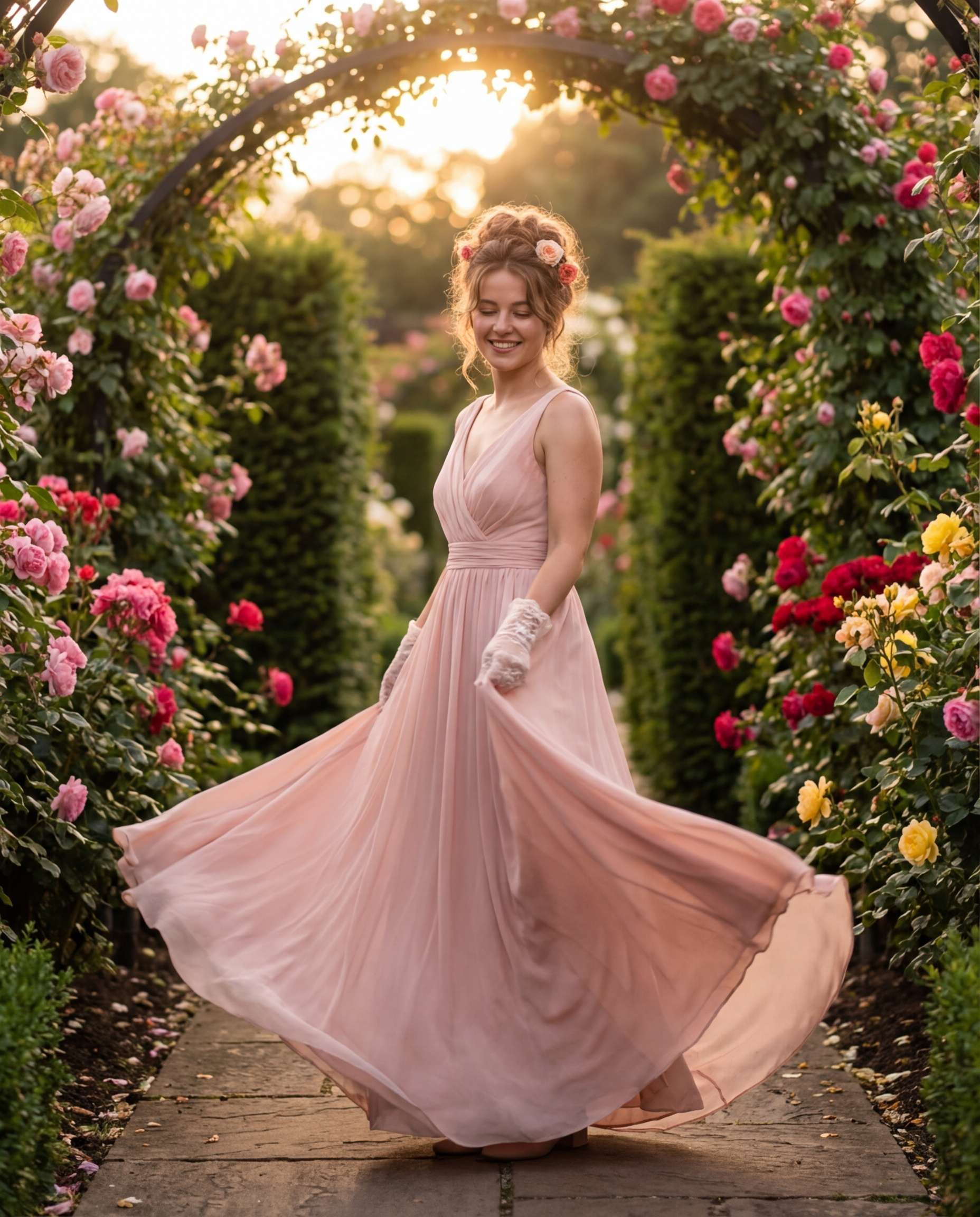 Rose Garden Walk AI portrait example — AI Flower Photo Prompt for Girls