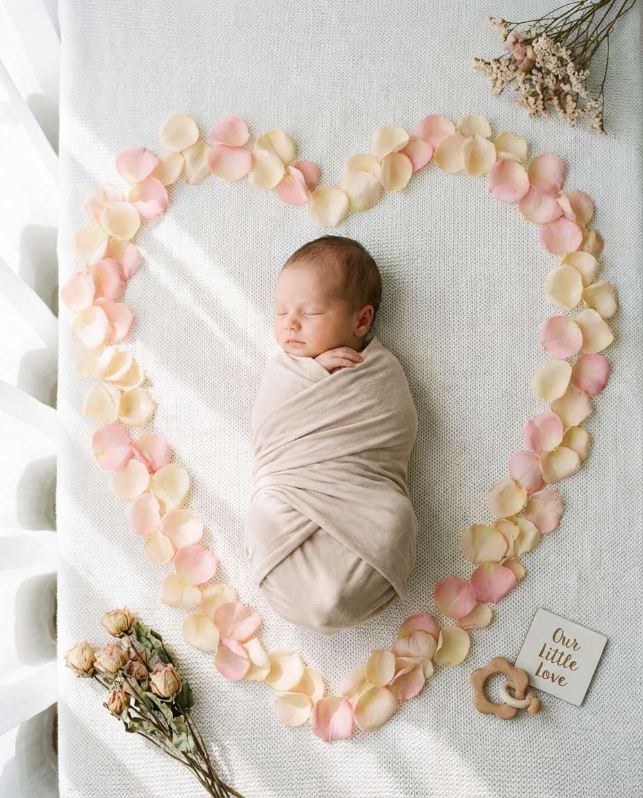 Rose Petal Flat Lay AI portrait example — AI Baby Flower Photo Prompt
