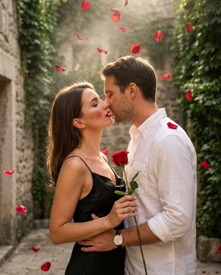 Rose Petal Rain Kiss AI portrait