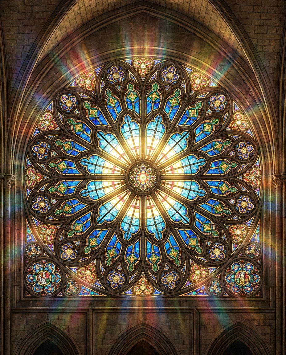 Rose Window Burst AI portrait — Gemini AI Stained Glass Art Prompt