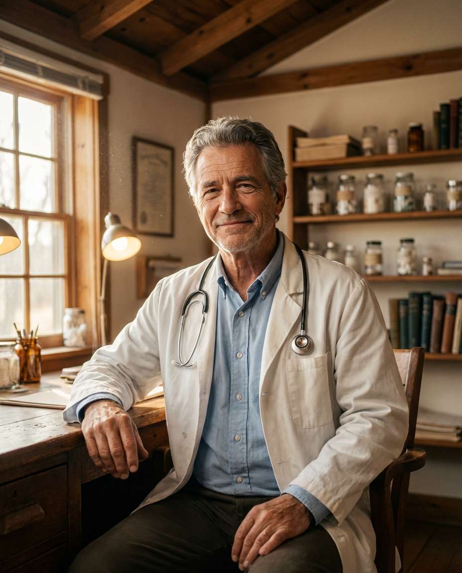 Rural Clinic Warmth AI portrait example — AI Doctor Photography Prompt
