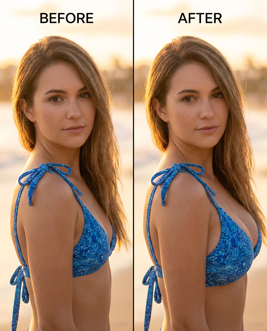 Sculpted Bikini Top AI portrait example — AI Breast Expansion Prompts for Gemini & ChatGPT: 25+ natural retouch ideas
