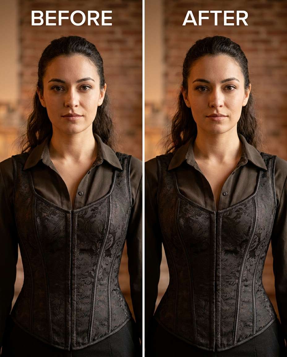 Sculpted Corset Look AI portrait example — AI Breast Expansion Prompts for Gemini & ChatGPT: 25+ natural retouch ideas