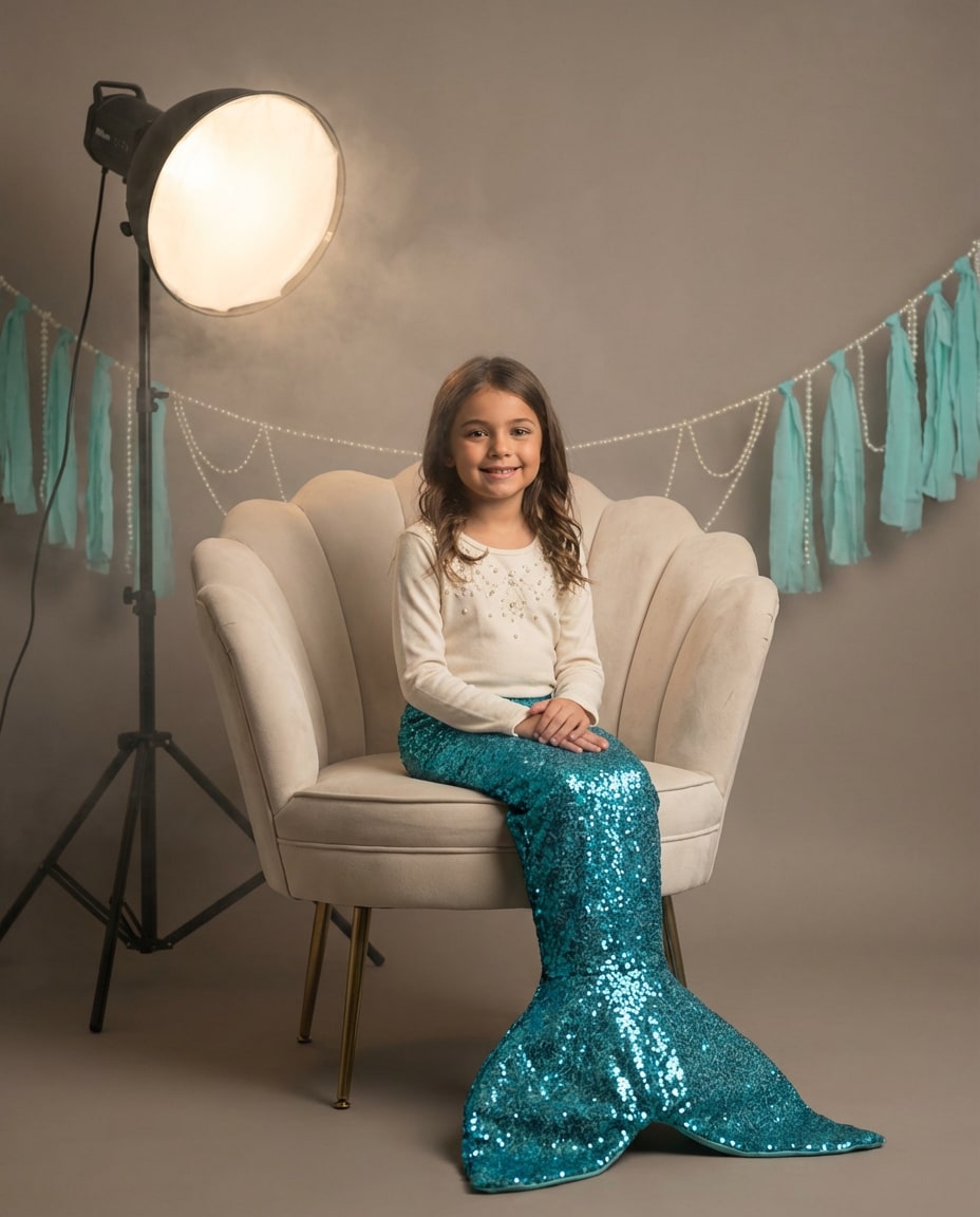 Seashell Throne Chair AI portrait example — Gemini Mermaid Kids Photoshoot Prompts