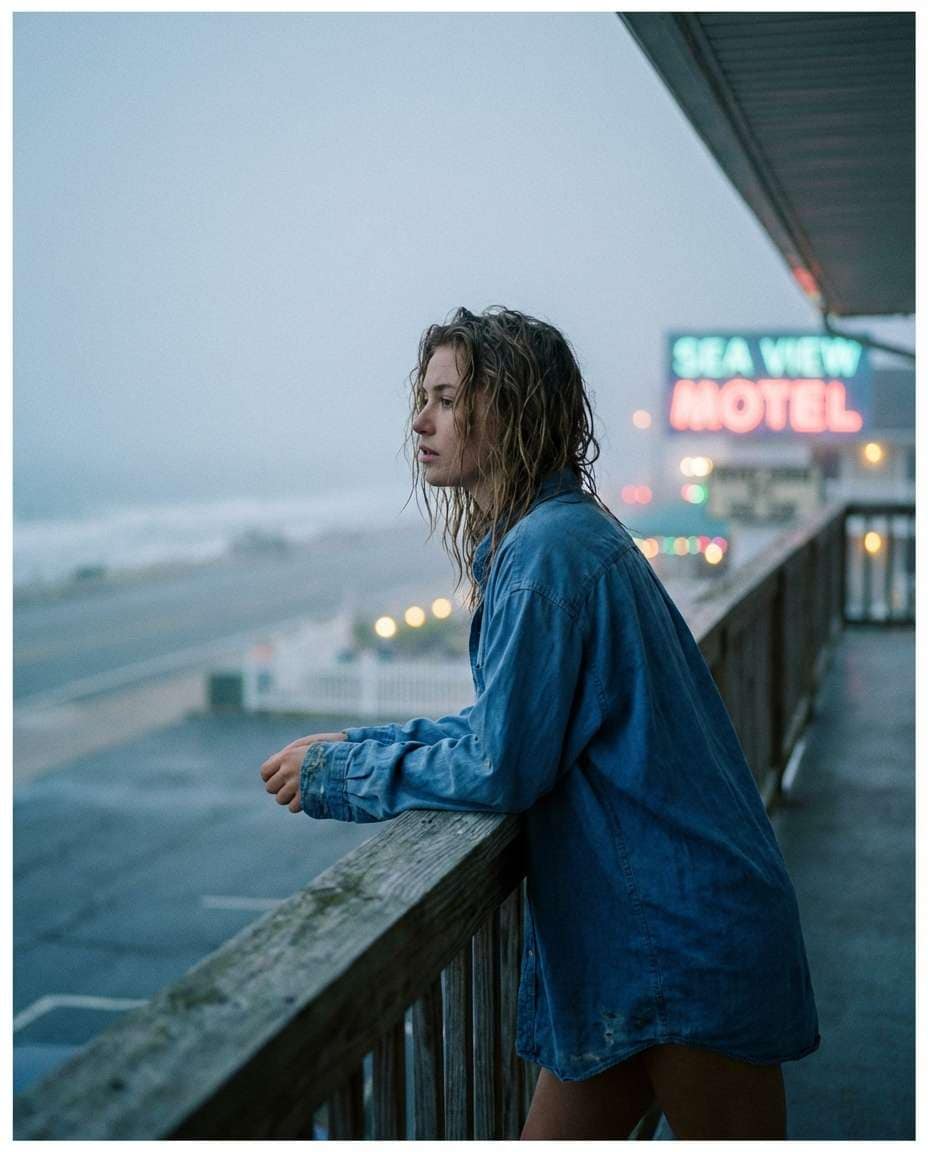 Seaside Motel Balcony AI portrait — Gemini AI Prompt Sza Over The Sea