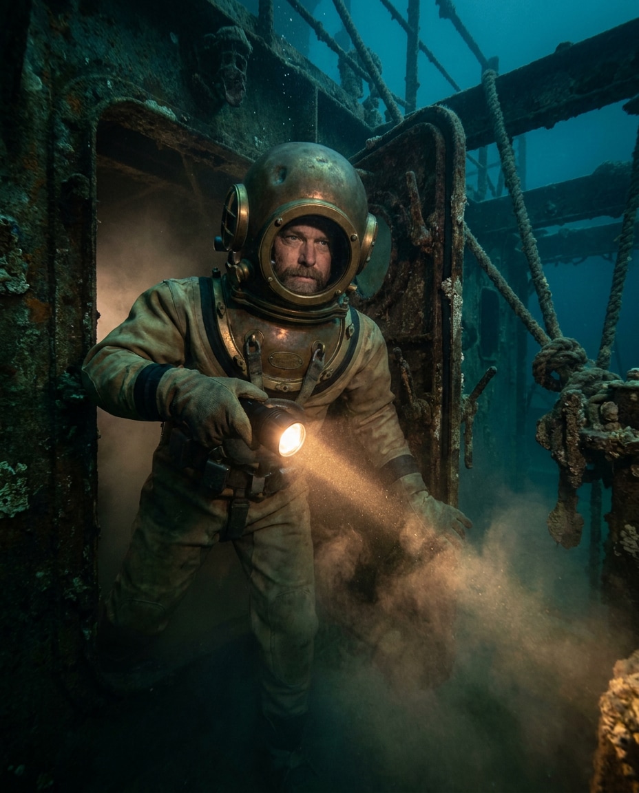 Shipwreck Explorer AI portrait example — Gemini AI Underwater Prompt