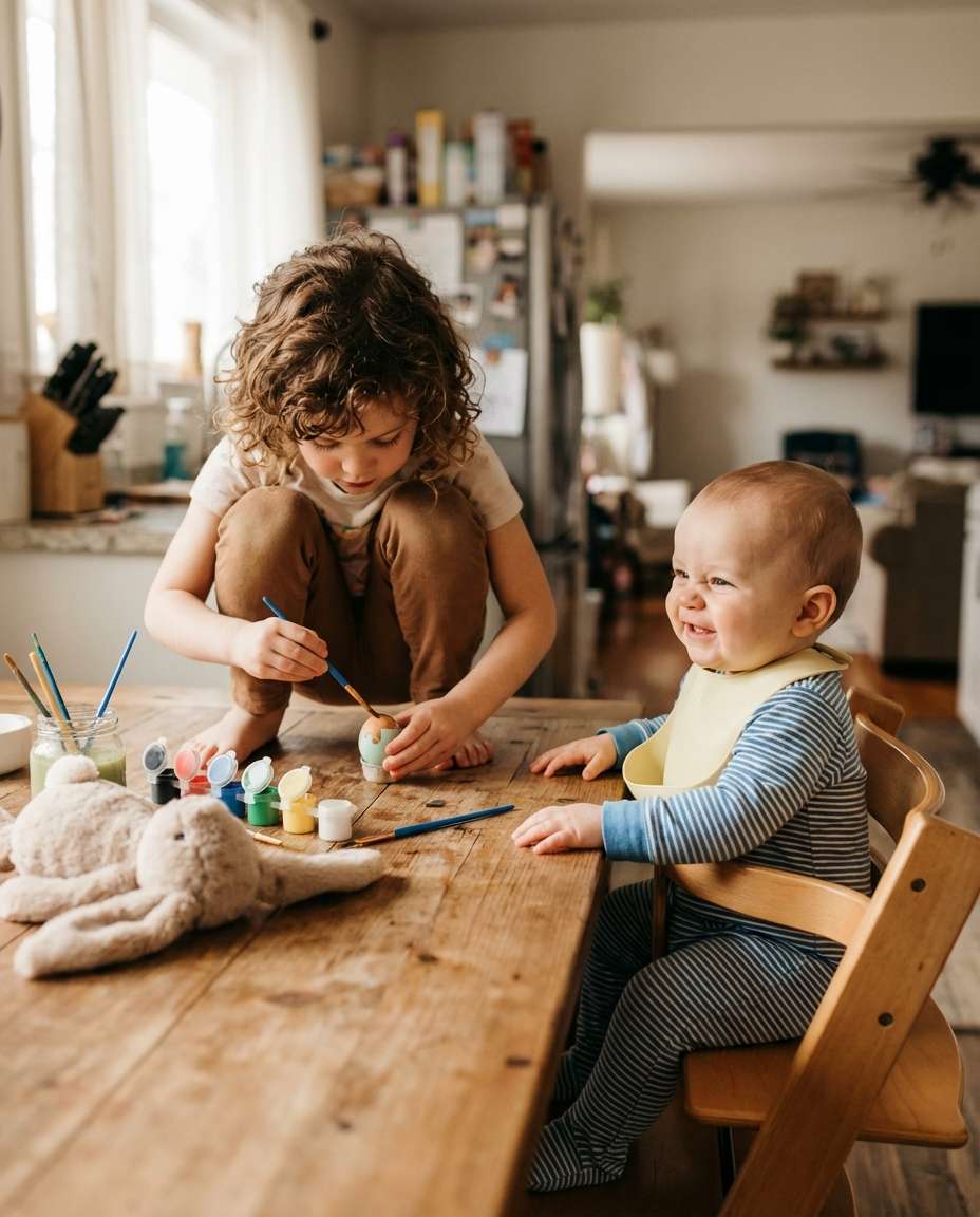Sibling Egg Painting AI portrait example — AI Easter Baby Photography Prompt