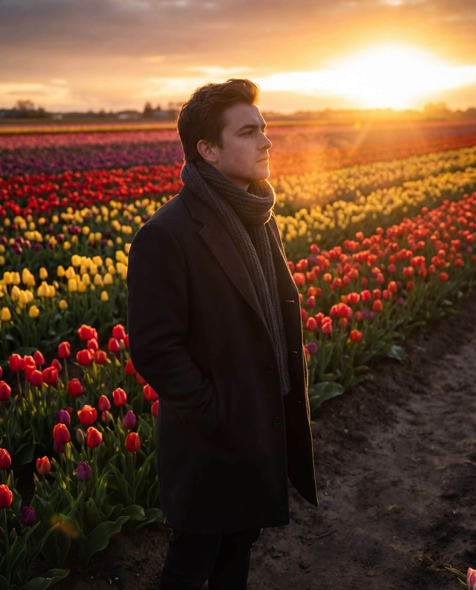 Silhouette at Sunset AI portrait example — AI Tulip Garden Photography Prompt
